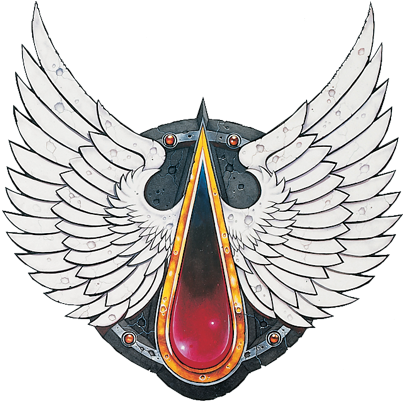 Geflügeltes Blood-Angels-Emblem mit rotem Blutstropfen