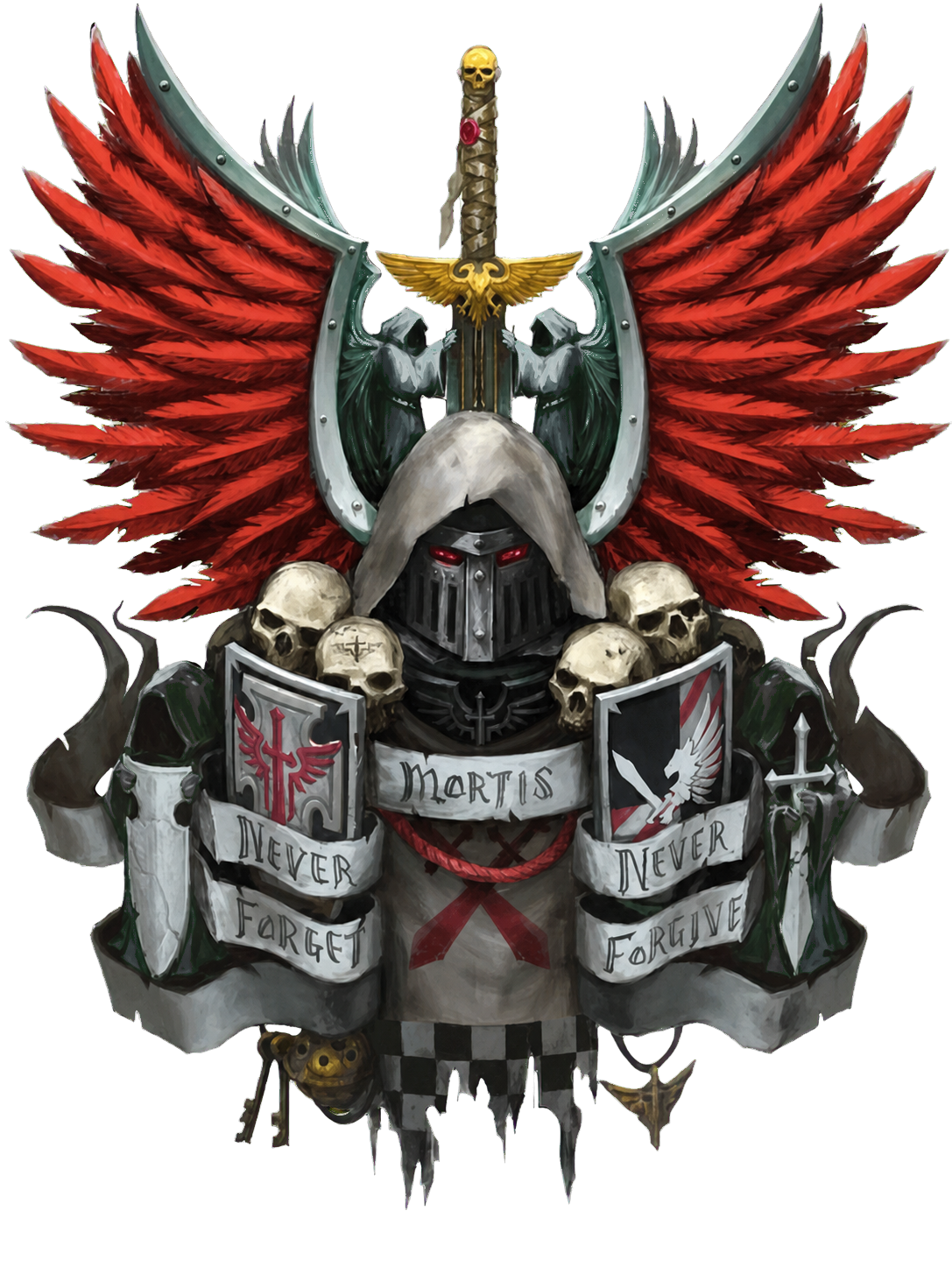 Heraldik des 37. Ordens mit geflügeltem Helm, Schwert und Schriftbändern