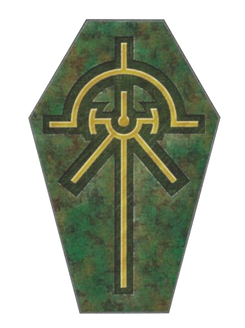 Necron-Symbol auf grün patinierter, sargförmiger Platte