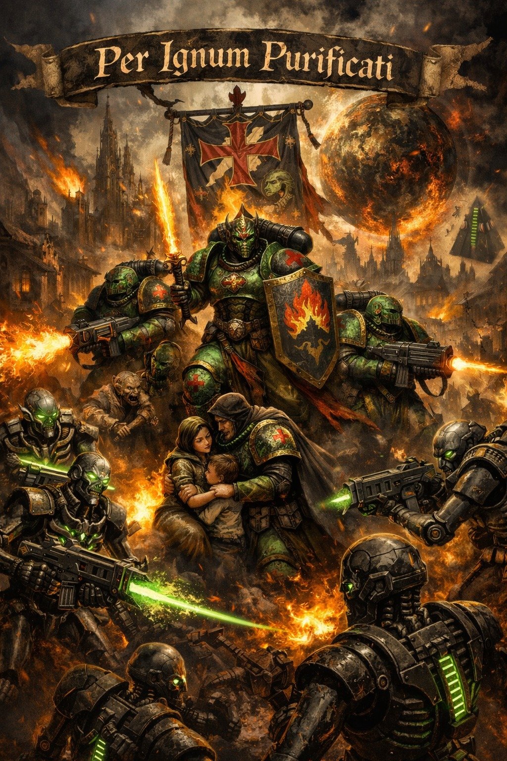 Salamanders-Space-Marines im Gefecht unter dem Schriftzug Per Ignum Purificati